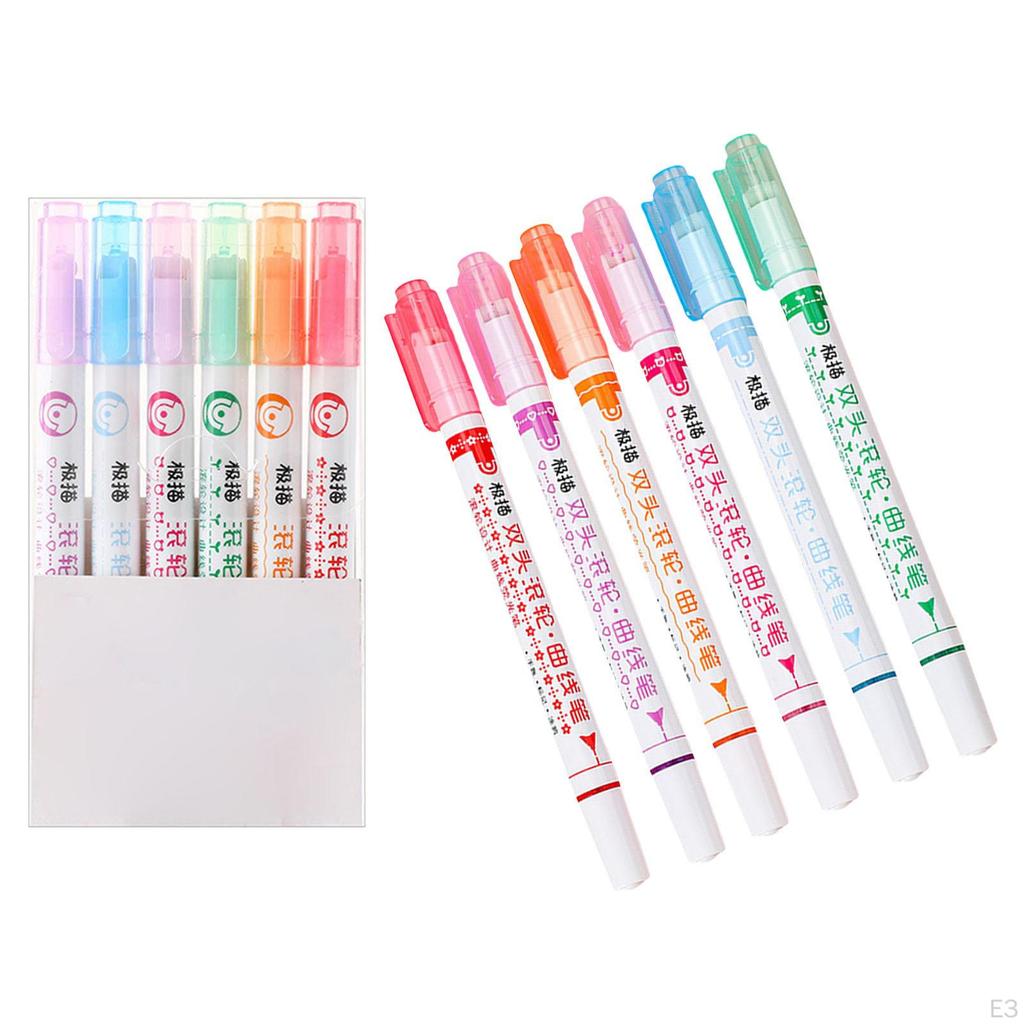 6 Pieces Curve Line Highlighter Pen Different Colors Mild Identification Marker Stationery