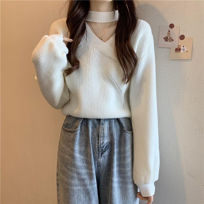 

Женский свитер с длинным рукавом, высококлассный в гонконгском стиле, с V-образным вырезом, топ в стиле чистой страсти, женский вязаный свитер подчеркивает фигуру 47-121 (average size) белый