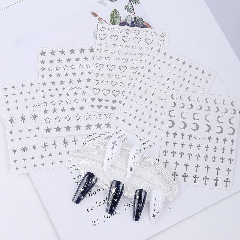 Liquid Metal Silver Series Nail Art Sticker Pentagram Moon Quadrangram Sticker Nail Art Comes With Background Nail Sticker