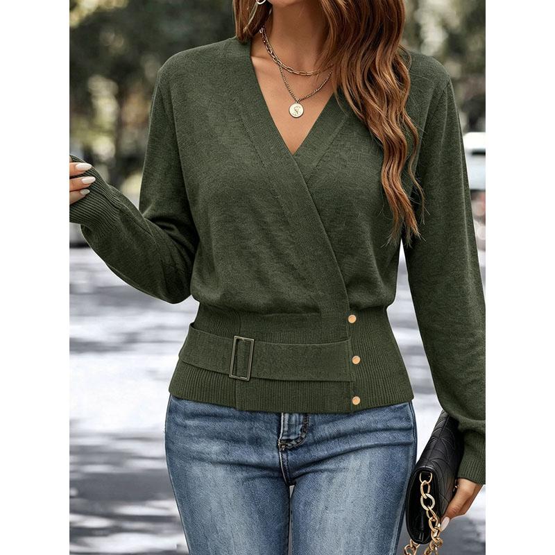Maglione da donna a wrap con scollo a V in maglia Blu Navy Manica Lunga Vita Cinghiata Elegante Pullover da Ufficio Autunno Inverno Caldo Top in Maglia