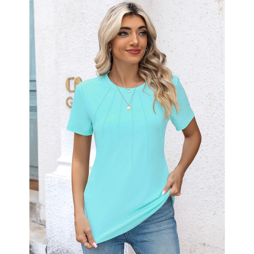 Damen gerafftes Rundhals-Kurzarm-T-Shirt Top, Beliebte lässige Mode-T-Shirts für Damen, Grenzüberschreitende Damenbekleidung für Europa und Amerika