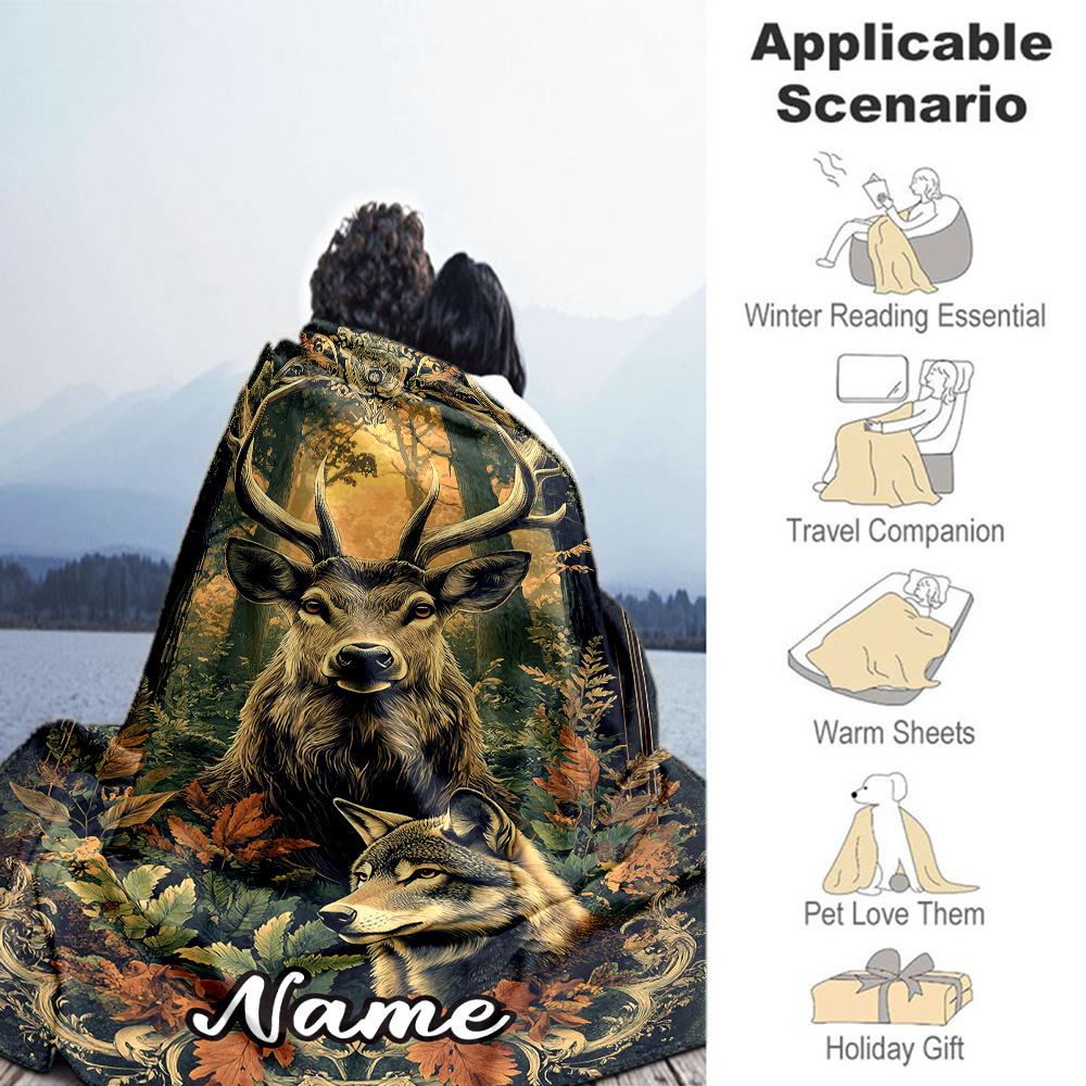 Deer Wolf Customize Text Blanket Multi-purpose Customizable Blanket Warmthful Decor Great for Couch Bed Living Room Seaside Ideal for All Seasons