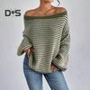 Women Sweater Off Shoulder Oversized Long Sleeve Knit Pullover Top Loose Fit Striped Print Soft Stretchy Knitting Tops