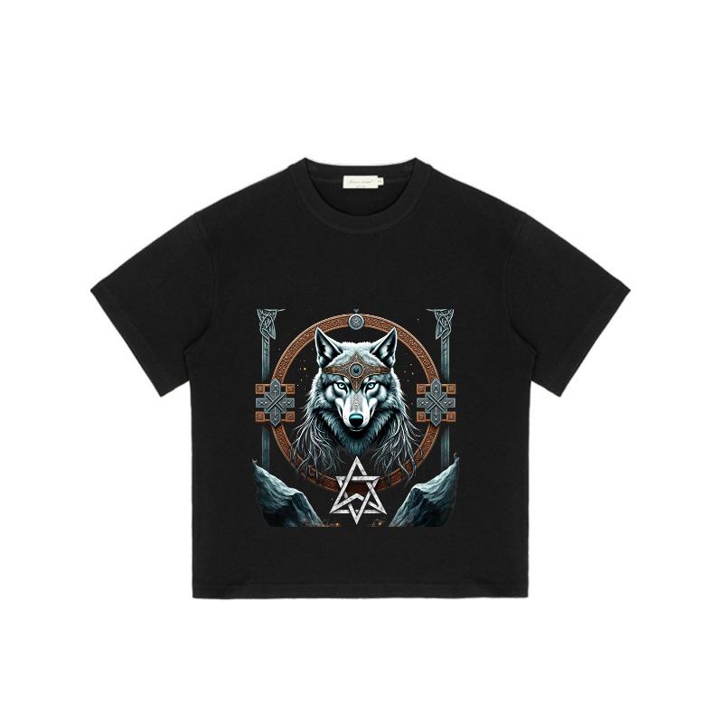 Men's Black T-Shirt Wolf Norse Symbolic Design With Celtic Cross And Star For Casual Wear