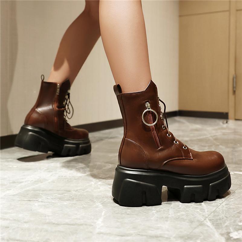 FOREADA Women Ankle Boots Round Toe Thick High Heels Platform Zipper Lace-up Short Boots Ladies Fashion Shoes Autumn Winter 44