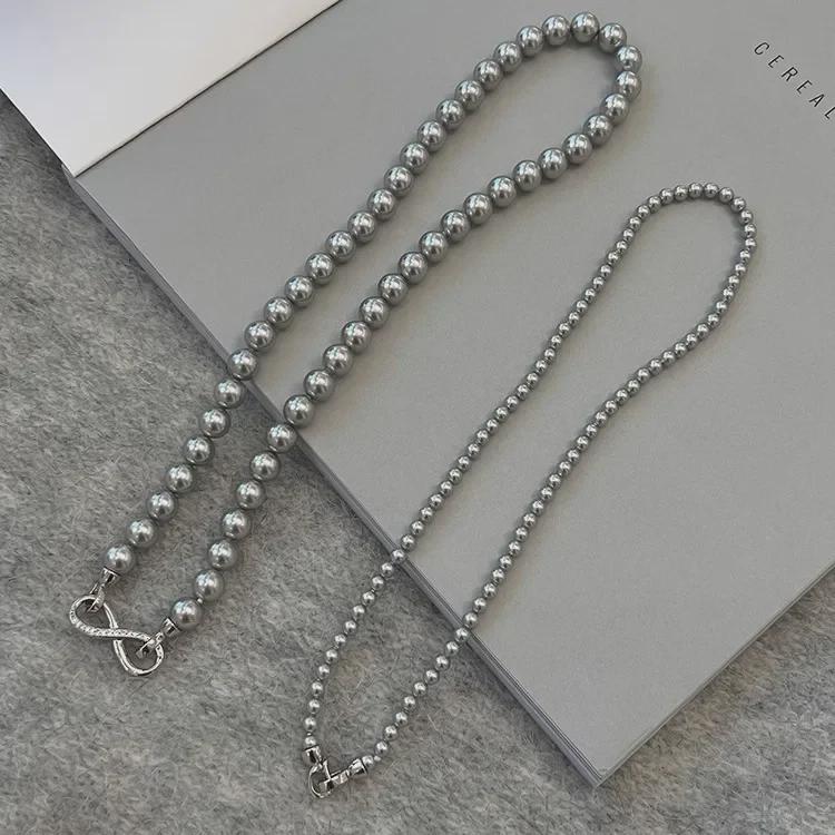 Shijia Pearl Double-Layered Necklace with Detachable 8-Shaped Buckle – Versatile Styles, Hemp Gray Chain.