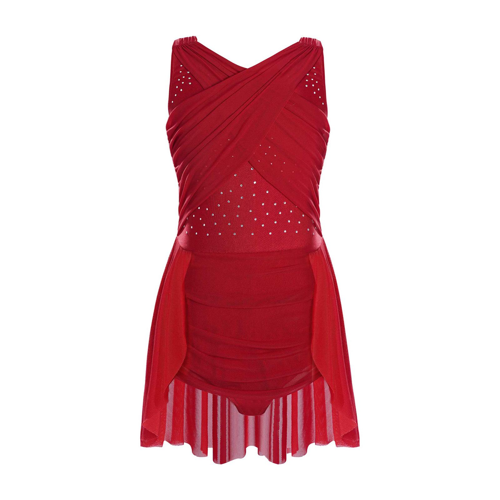 

Платье для девочек в стиле лирического танца с сетчатым накладным узором, вырезом на спине и стразами для выступлений по фигурному катанию 5-6 Years бордовый