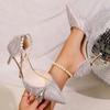 Fashion Silver Stiletto High Heel Party Wedding Shoes Women Fashion Ankle Beaded Buckle Pointed Toe Pumps Women Shallow Mouth Pumps