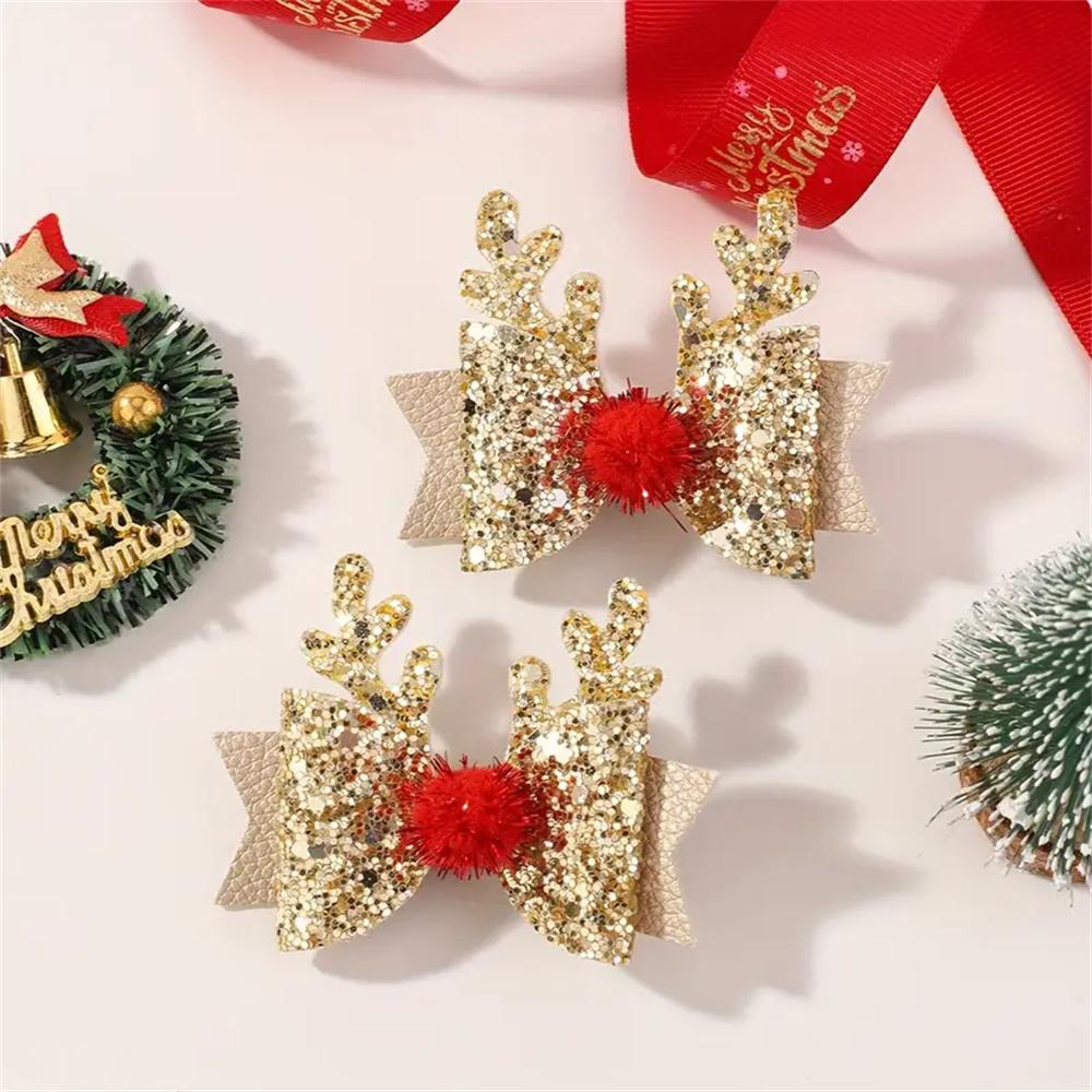 4pcs Children's Christmas Antler Hair Clip Glitter Elk Bow Hair Accessories For Girls Princess Pompom Party Hairpins Ideal Gifts