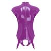 Womens Glossy Patent Leather Bodysuit Mock Neck Sleeveless Hollow Cup Open Crotch Leotard Garter Clips
