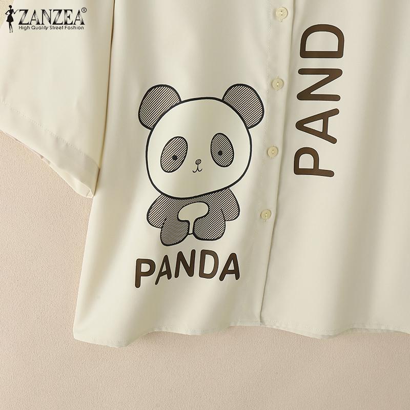 ZANZEA Women Turn Down Collar Summer Casual Short Sleeve Print Blouse