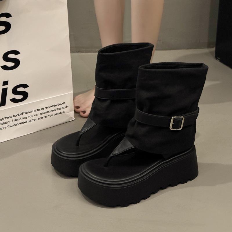 Thick-soled small man with toe belt buckle cool boots summer new muffin thick-soled herringbone sandals women