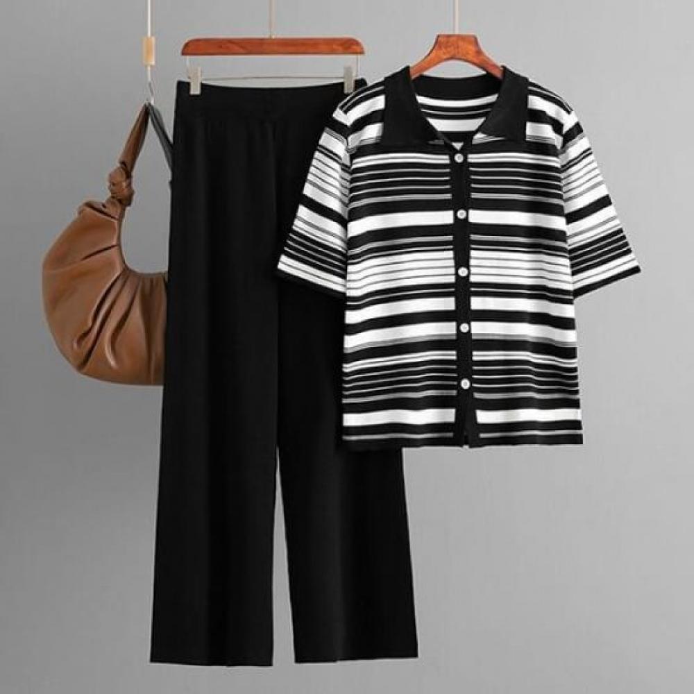 Navava Nk2937 Striped Collar Short Sleeve Knit Pants Two Piece Set