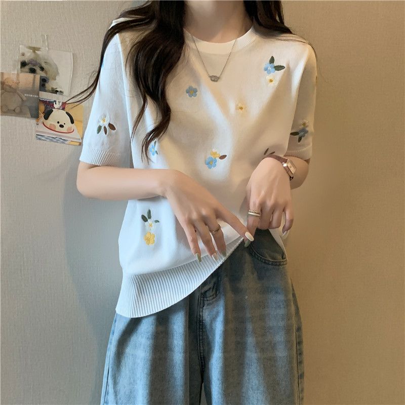 Ice Silk Slimming Temperament Top Women's Design Sense Knitted Shirt Summer Shoulder Short Sleeved T-shirt