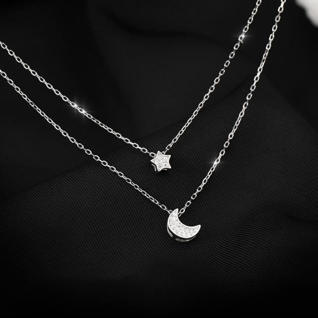 

Двойное ожерелье женское 925 стерлингового серебра блестящая звезда луна кулон простая ключичная цепочка высокое ювелирное украшение для вечеринки свадьба аксессуары 40cm
