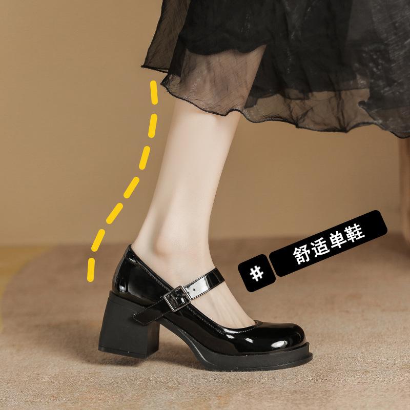 Mary Jane High Heels One-word Buckle Belt Square Head Patent Leather Temperament Thick Heel Single Shoes Are Not Tired