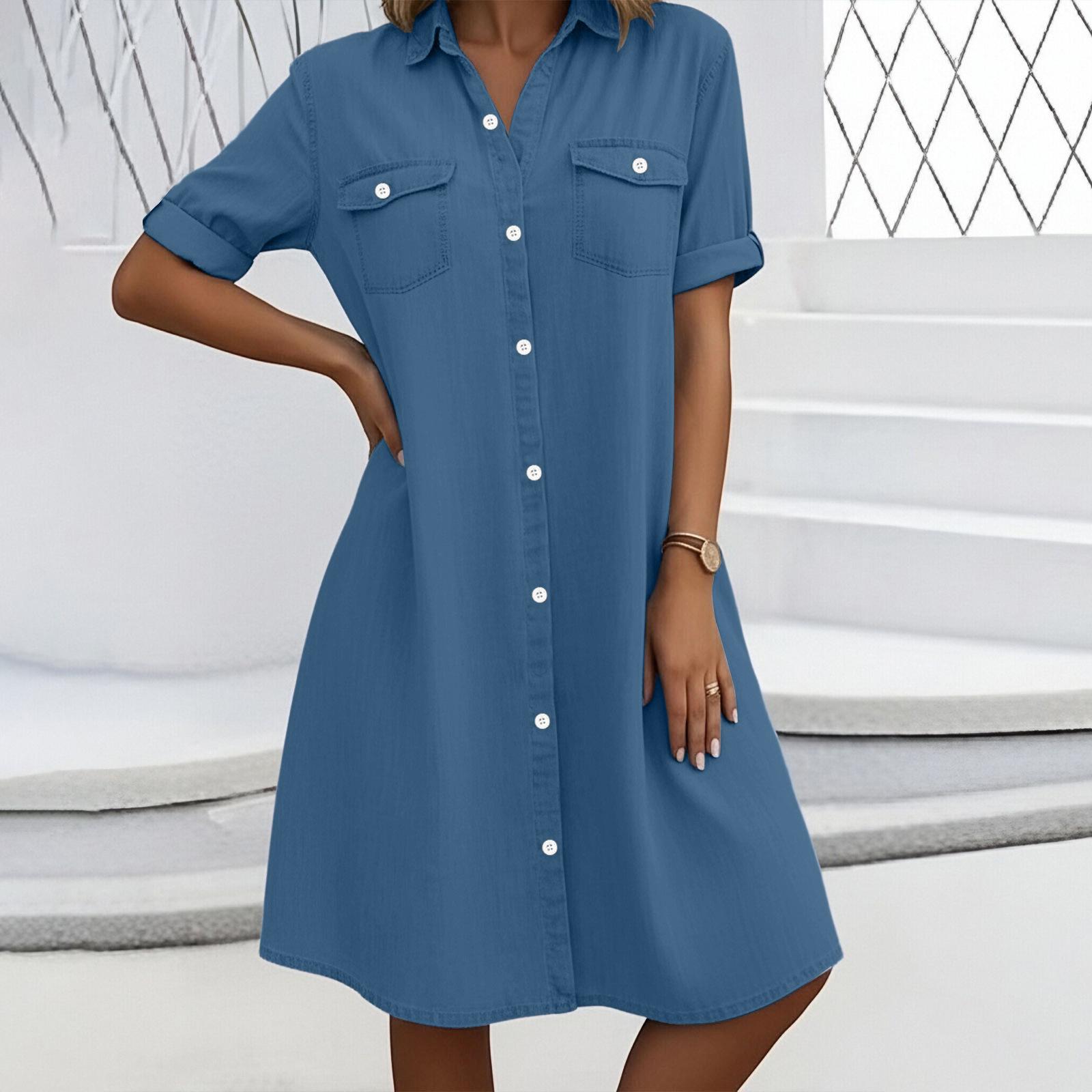 

Women s Fashionable Casual Shirt Dress With Buttons, V-neck, Short-sleeved Dress XL небо синє кольору
