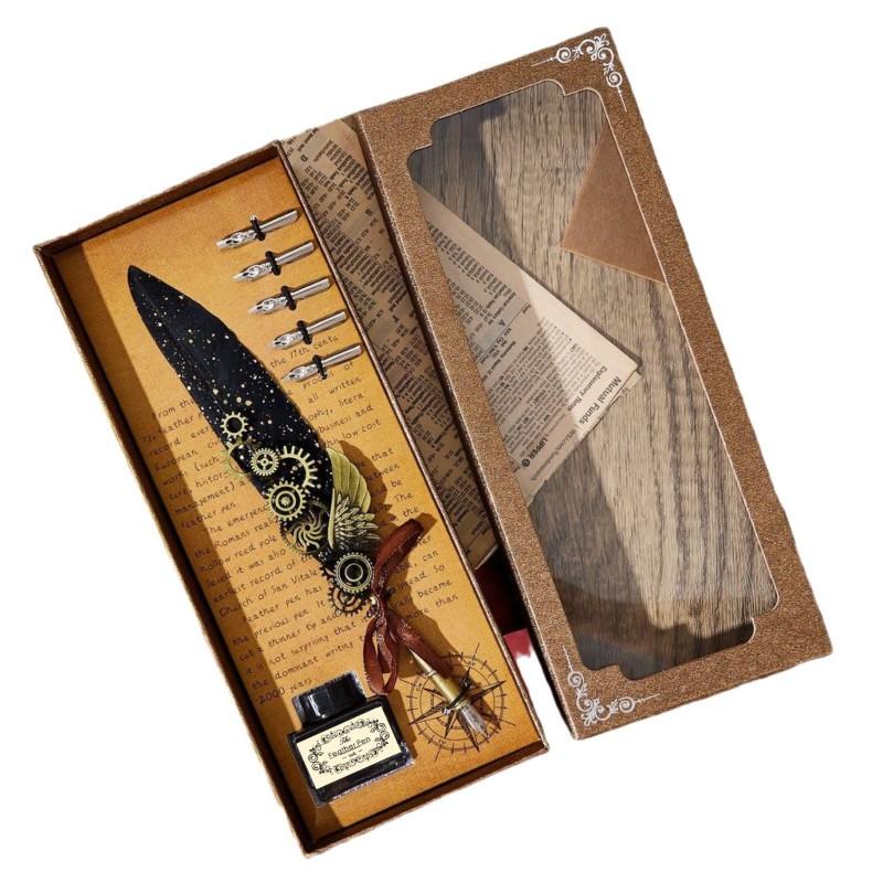 Mechanical Feather Dip Pen Set European Vintage Gold Foil Calligraphy Creative Gift