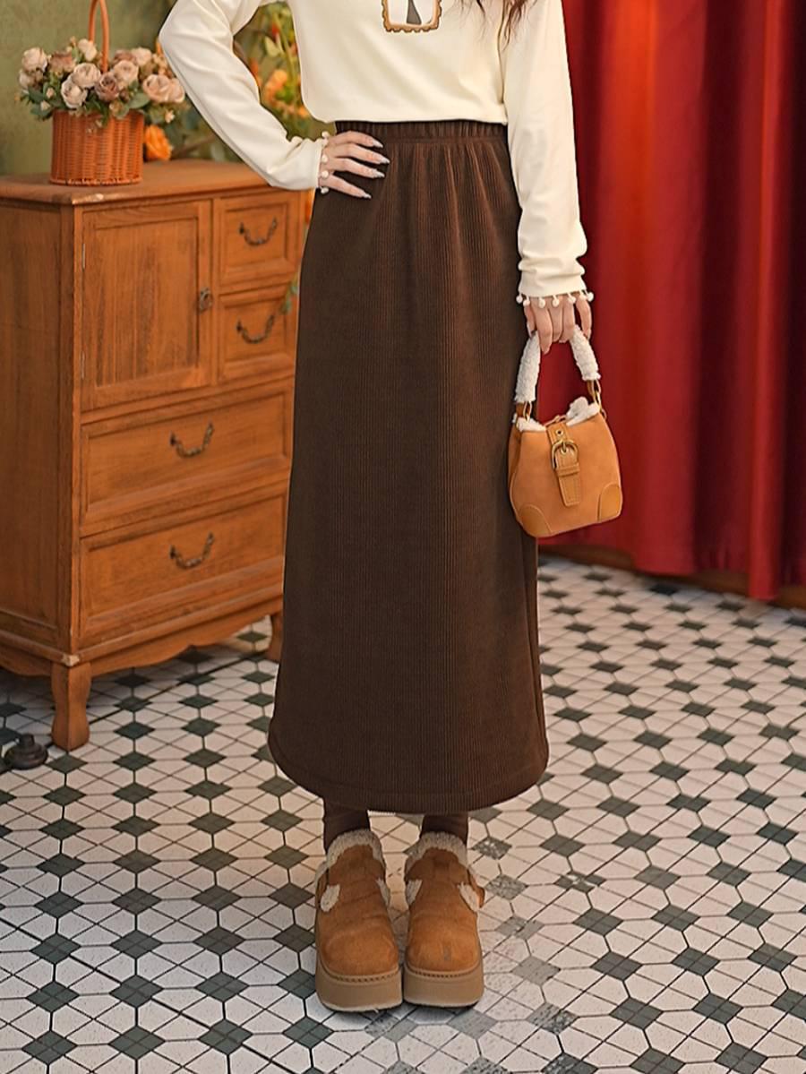 

Zhang Jiayuan Qianyu High-Waisted A-Line Retro Skirt for Women - Autumn/Winter, Fleece Lined, Style #K10272 Navy Blue with Fleece