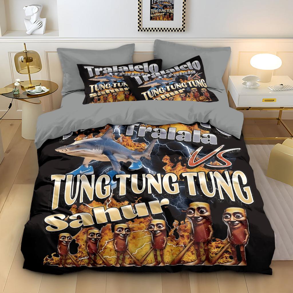 Cartoon ai Brainrot Tung Tung Sahur Bedding Set Bedroom Decoratio Duvet Cover Pillowcase Adult Boy Girl Single Double Large Siz
