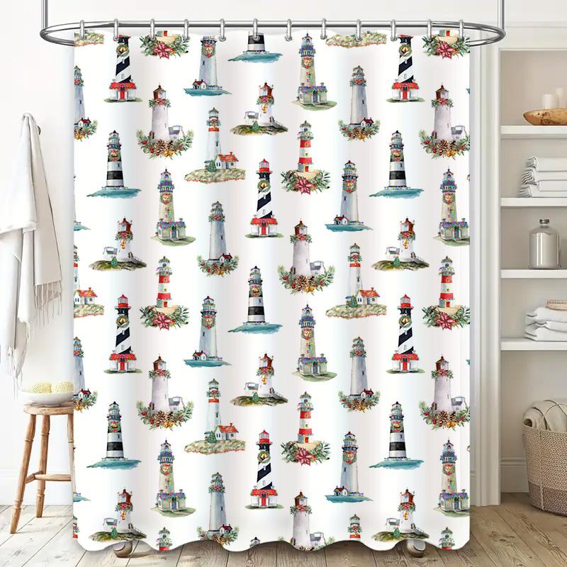 Cozy Bath Time: Stylish Lighthouse Pattern Shower Curtain For Your Bathroom Decorations Modern Design Waterproof Fabric Home Dec