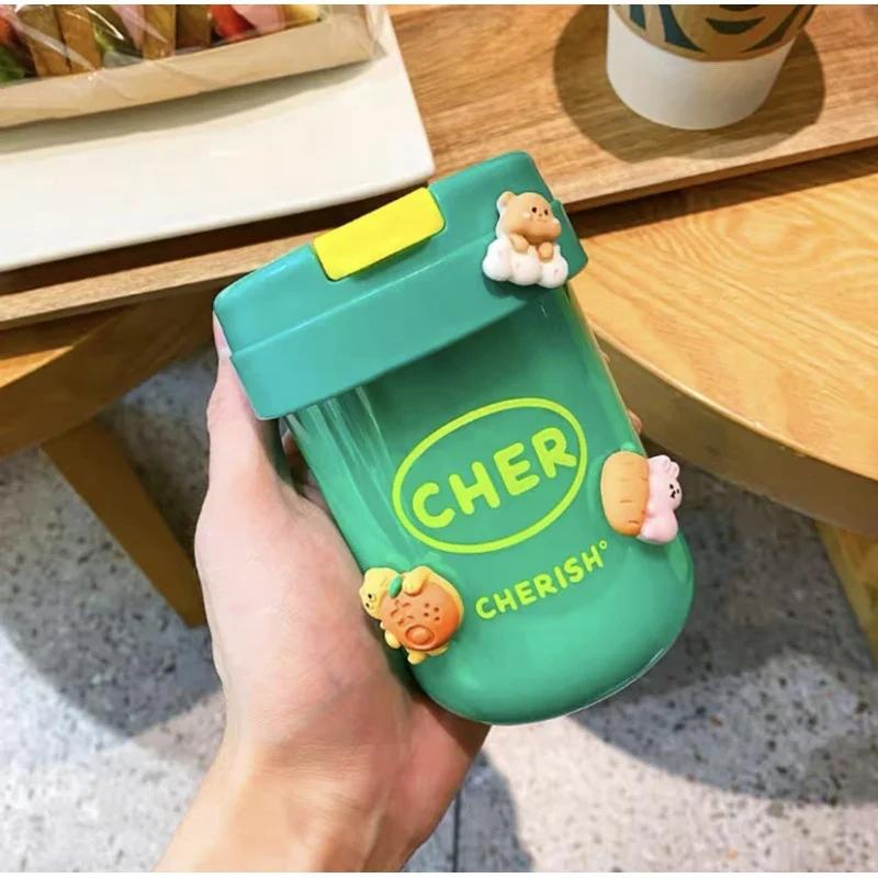 300ml Stickers Water Bottle Leak Proof Sports Bottles Portable Plastic Tea Cups Outdoor Water Bottle Girls and Kids Drinkware 300ml зелёный