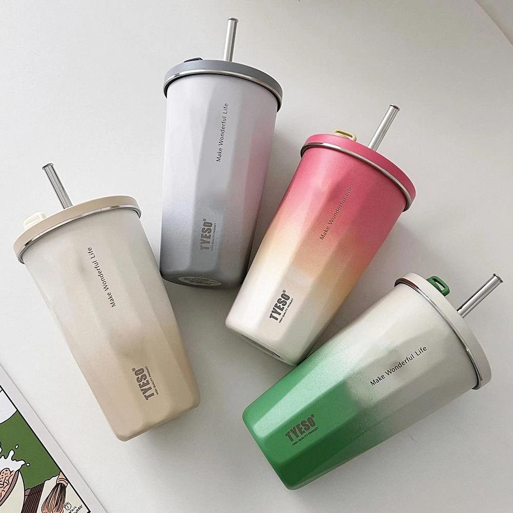 Tyeso 600ML Stainless Steel Coffee Cup With Straw Gradient Color Insulated Water Bottle Car Thermos Mug Cold Drink Vacuum Cup