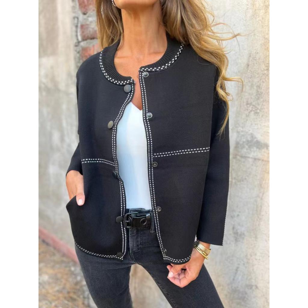 2025 Autumn Winter New Striped Loose Round Neck Button Long Sleeve Versatile Sweater Coat for Women