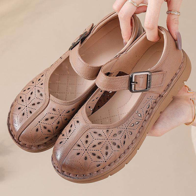 

Летние новые женские туфли на плоской подошве в винтажном стиле - сандалии из натуральной кожи с вырезами и гибкой подошвой из термопластичной резины, дышащая однослойная толстая кожаная обувь в стиле ретро 37