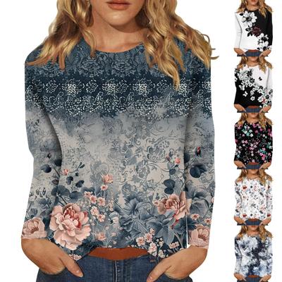 Γυναικείο Μόδα Casual Φλοράλ Μπλουζάκι Πουλόβερ με Στρογγυλή Λαιμόκοψη και Μακρύ Μανίκι