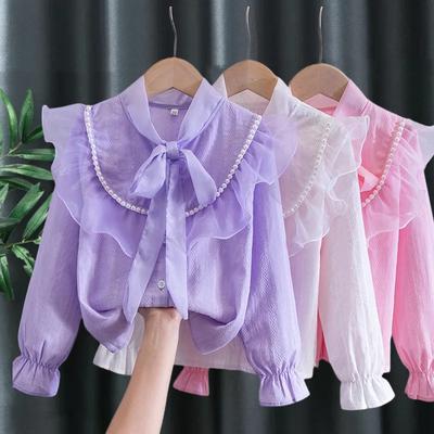 Chemise de base pour filles Printemps Automne Chemisier à bordure feuille et nœud pour enfants Filles