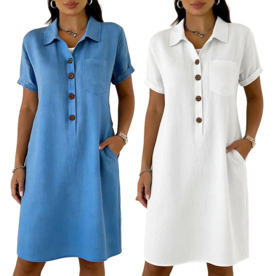 Mini Vestito Camicia Estivo a Maniche Corte da Donna Bottoni Revers Linea ad A Corto Vestito Casual da Spiaggia con Tasche