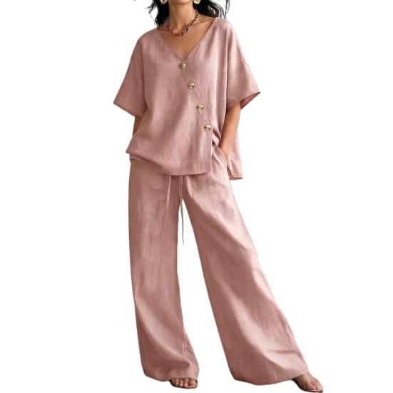 

Two Piece Outfits for Women Button Down V Neck Short Sleeve Top And Drawstring Long Pants Summer Lounge Sets XL рожевий