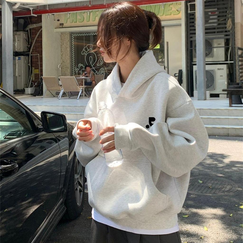 Korean Style Embroidered Women's Hoodie - Solid Color, Casual, Loose, Trendy Early Autumn Top