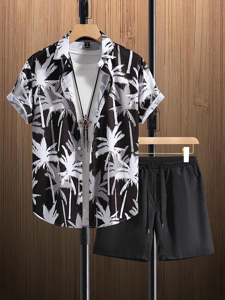 Fashion Summer Beach Black And White Printed Men's Suit Two Piece Casual Shirt Short Sleeve Hawaiian Shorts Men's Clothing Suit