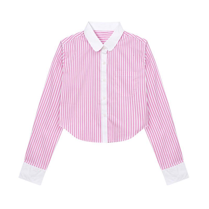 

Women s Casual Pink and White Striped Long-Sleeve Lapel Shirt - Preppy, Age-Reducing Style Small розовый
