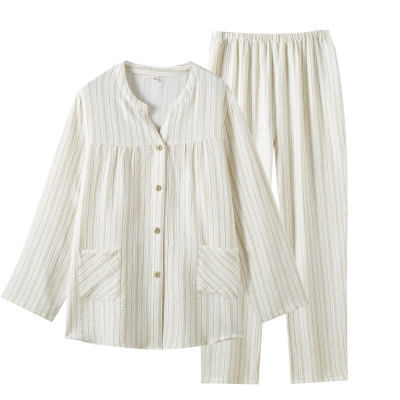 10 pure cotton double-layer gauze pleated texture couple long-sleeved pajamas loungewear plain and elegant leisurely set