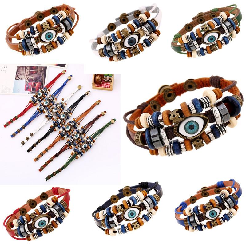 Vintage Beaded Eye Bracelets Multi-Layer Leather Rope Adjustable Bracelet Unisex Jewelry Accessries Gifts