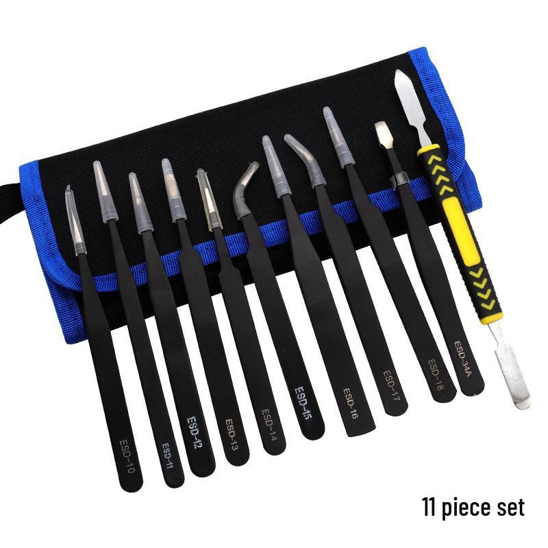Stainless Steel 10-Piece/11-Piece Tweezer Set with Pointed and Bent Tips, Canvas Bag Included
