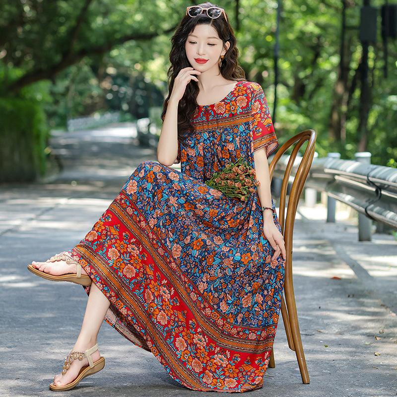 New Bohemian ethnic style short-sleeved summer cotton and silk dress loose fashion large size artificial cotton long skirt