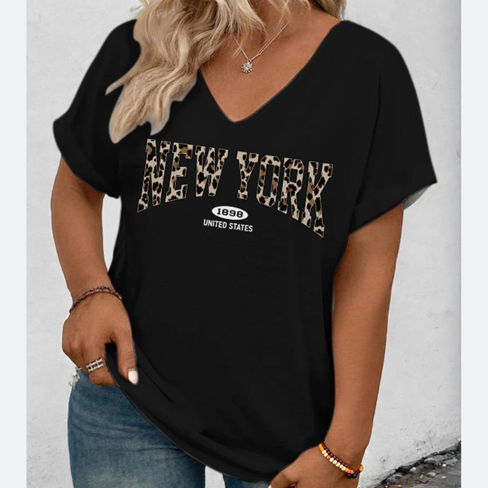Large size women s casual, comfortable, elegant letter leopard print print V-neck short sleeved T-shirt top S
