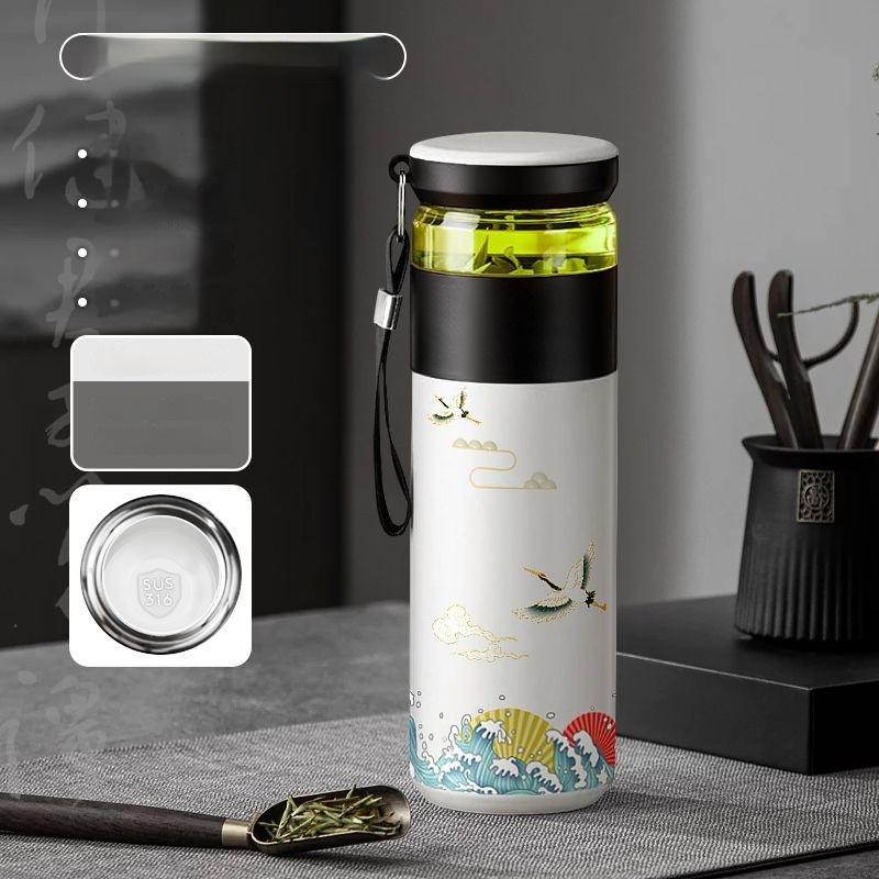 500ML Stainless Steel Thermos Bottle With Lid Portable Vacuum Flasks Red-crowned Crane Pattern Coffee Tea Water Bottle