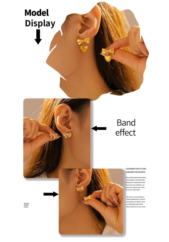 Gold-Plated Stainless Steel Heart Bow Pleated Stud Earrings with Zircon Glass