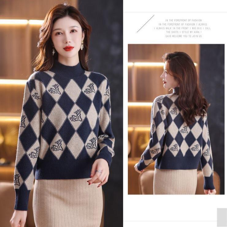 Fall/Winter Vintage Jacquard Sweater Women High Neck Knit Sweater Short Thick Loose Print Knitwear Top Jumper