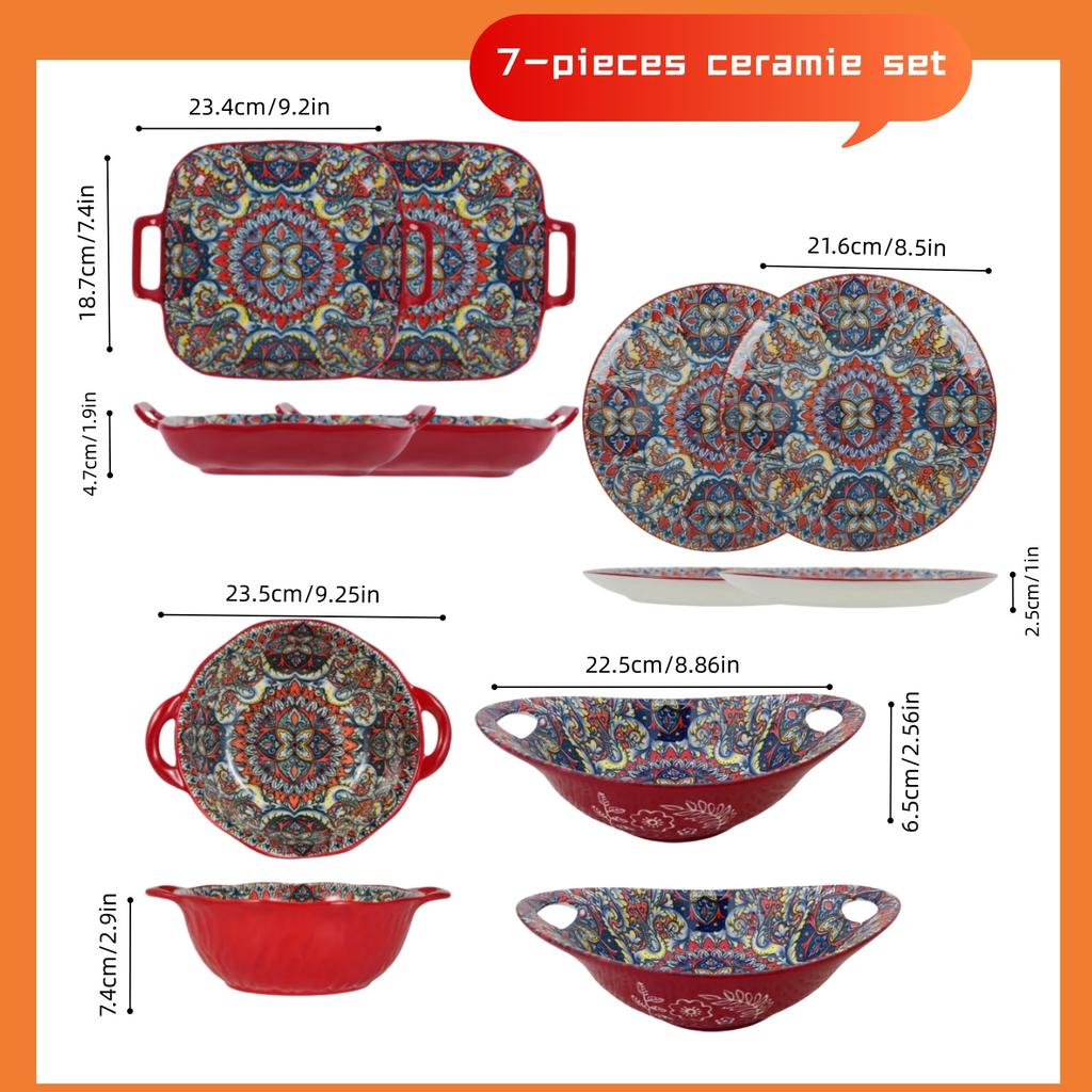Bohemian Ceramic Plate 7-piece Set Cross-border High-value Plate Household New Dessert Plate Underglazed Plate Spaghetti Bowl