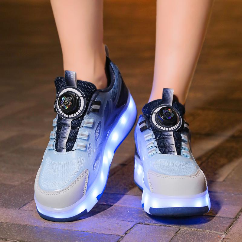 29-40 Lśniące Trampki Dziecięce Buty z Oświetleniem LED Dzieci Chłopcy Dziewczynki Ładowanie USB Świecące Kółka Buty do Parkouru Rolki