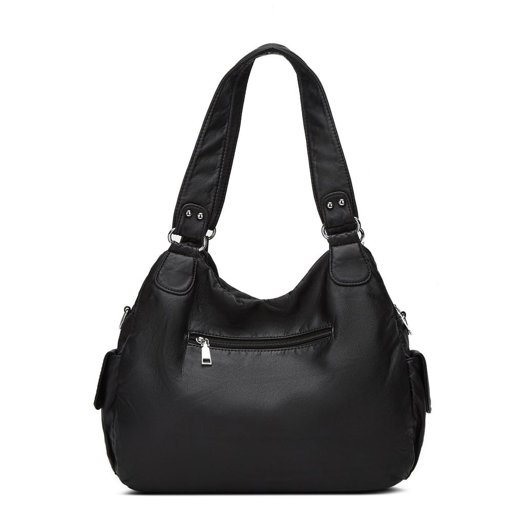 Ladies' Fashionable Retro Lychee Patterned Tote Bag, Large Capacity Washed Multi Pocket Shoulder Bag