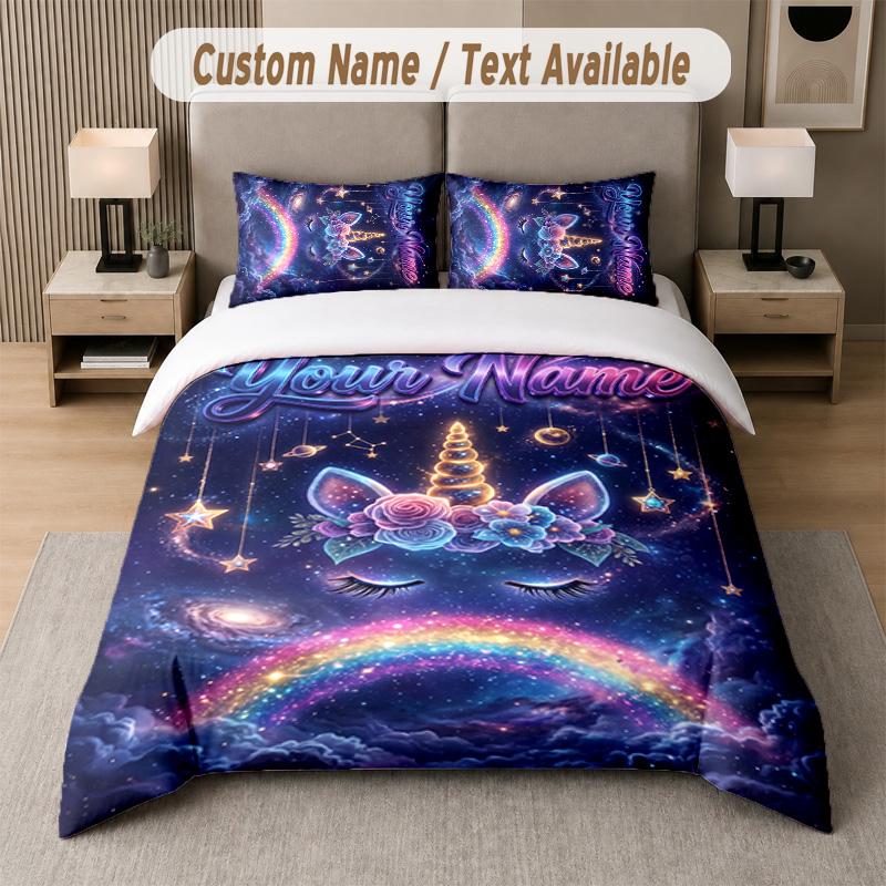Unicorn Theme Custom Text Or Name 3Pcs Bedding Set 1 Flat Sheet & 2 Pillowcases Personalized Home Bedding