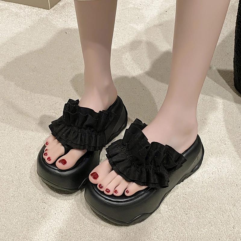 Fashion 8CM Women's High Heels Slippers 2025 New Summer Outdoor Fold Flower Sandals Comfortable Rubber Bottom Chunky Beach Flip Flops