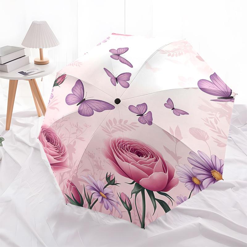 1PC Butterfly Flowers Umbrella-8-Rib Reinforced Portable Folding Travel Suitable for All Seasons Outdoor Daily -Z0472